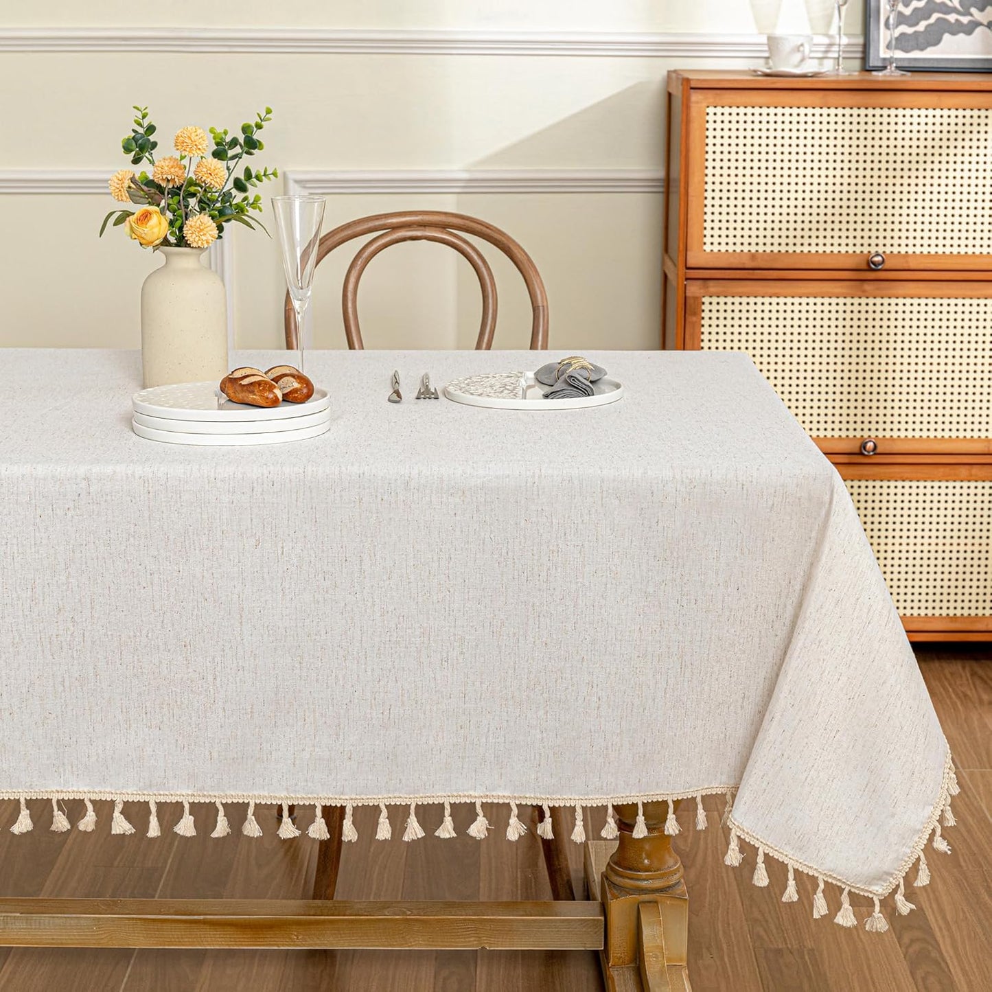 MYSKY HOME Rectangle Tablecloth, 60x60 inches, Heavy Duty Cotton Tassel Linen Look Waterproof Farmhouse Tablecloth, Wrinkle Free, Beige Tassels for Kitchen Dining, Party