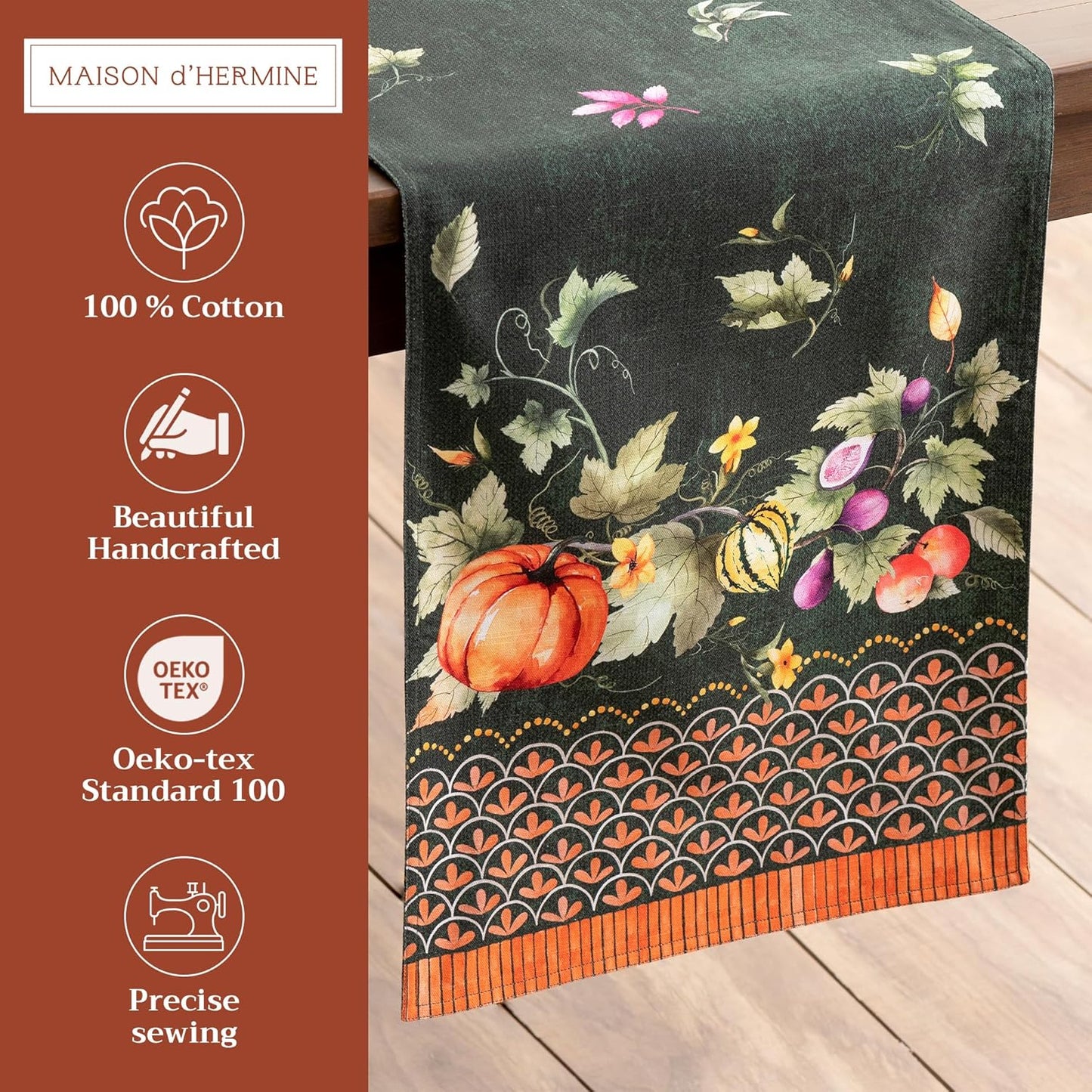 Maison d' Hermine Table Runner 100% Cotton Double Layer Table Runners 108 inches Long for Thanksgiving Christmas Decorations Home Kitchen Dining Wedding (Pumpkin Garden - Dark Green, 14.5" x 108")