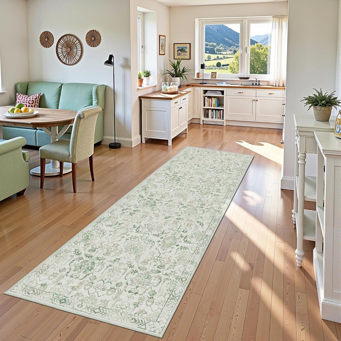 Green 3x10 Runner Rug for Hallways Bed Side Kitchen, Boho Washable Distressed Low-Pile Floor Entryway Long Bathroom Mat, Non-Slip Laundry Room Washstand Front Carpet Green 36x84 Inch