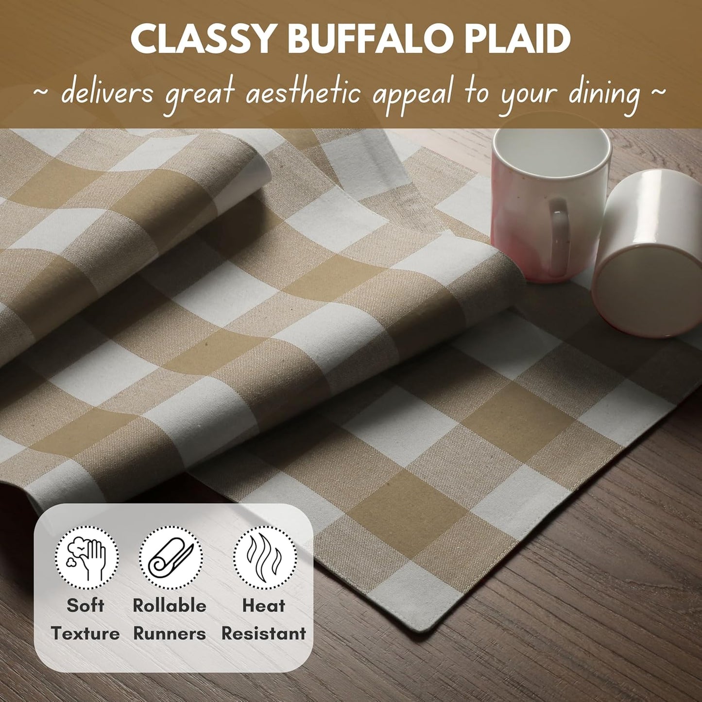 Native Fab Buffalo Check Table Runner 100% Cotton - 13x72 Inches Plaid Dining Table Decoration for Indoor Outdoor Farmhouse Home Party Decor - Beige and White