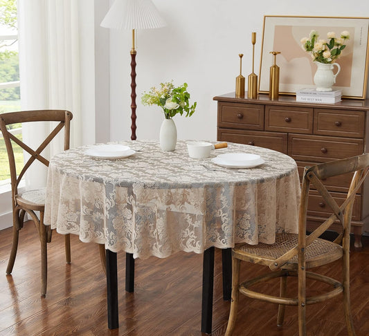 LinenZone Linen Round Tablecloth for Rustic Vintage Decor. Sheer Lace Table Cloth Works Great As Wedding Tablecloth or Thanksgiving Table Cover. (Mia 60 Round, Linen)