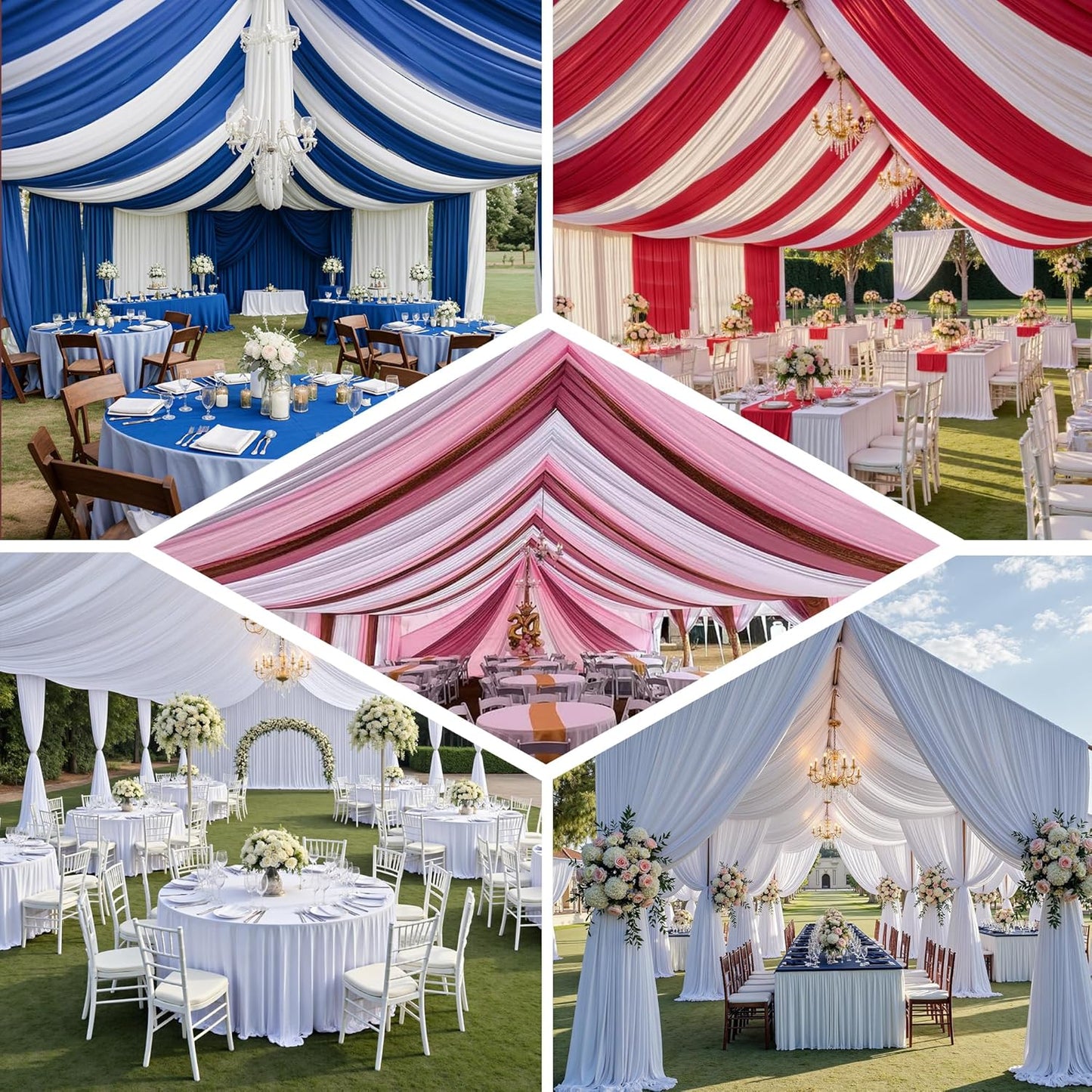PartyVillage 30ftx40ft White Ceiling Curtain for Wedding Parties – 6 Panels Wrinkle-Free 40 FT Long Tent Draping Curtains for Wedding, Birthday & Theme Parties, 40ft Height with Rod Pocket