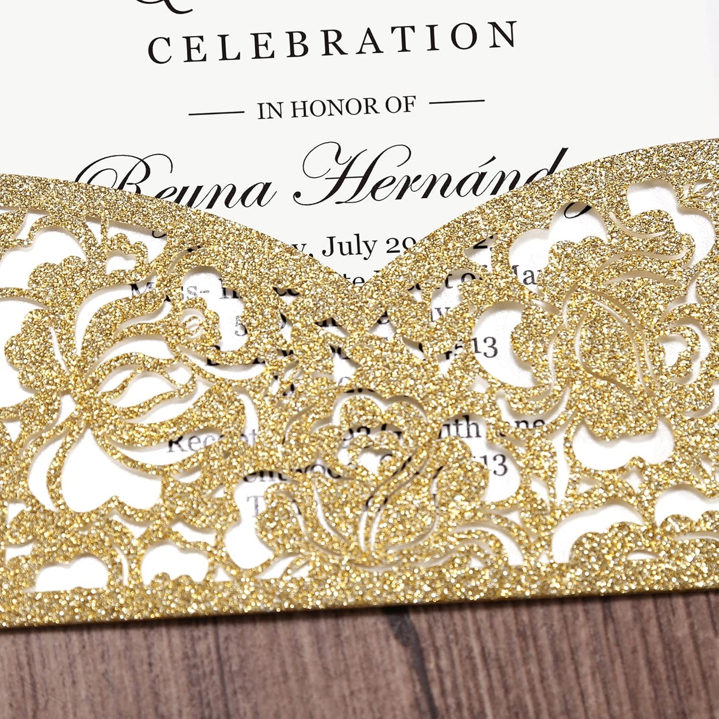 DORIS HOME 50pcs Laser Cut Quinceanera Invitations Gold Glitter, 4.7x7.1 Personalized Quince Invitations for 15th Birthday, Invitation cards for Sweet 16 with Envelopes