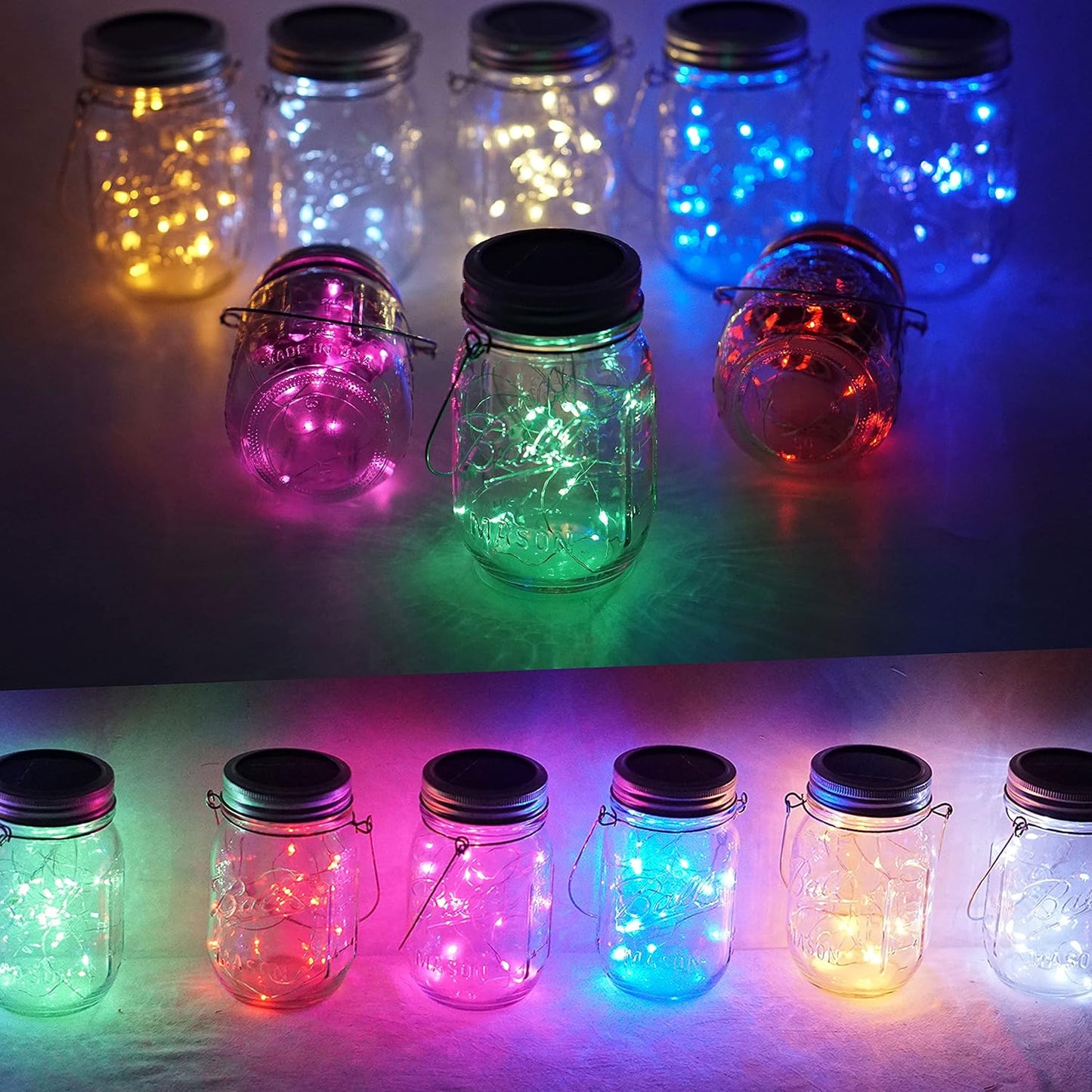 Upgraded Solar Mason Jar Lights, 8 Pack 10 LED Waterproof Fairy Firefly Jar Lids String Lights with Hangers(Jars not Included), Patio Yard Garden Wedding Easter Decoration - 8 Colors