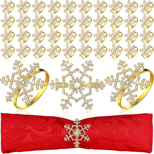 Patelai 100 Pieces Snowflake Napkin Rings Thanksgiving Christmas Napkin Holders Exquisite Household Rhinestone Napkin Rings Set for Christmas Wedding Dinner Party Table Decoration (Gold)