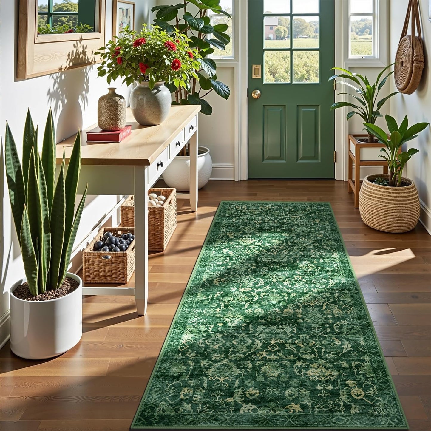 Dark Green 3x7 Runner Rug for Hallways Bed Side Kitchen, Boho Washable Distressed Low-Pile Floor Entryway Long Bathroom Mat, Non-Slip Laundry Room Washstand Front Carpet Green 36x84 Inch