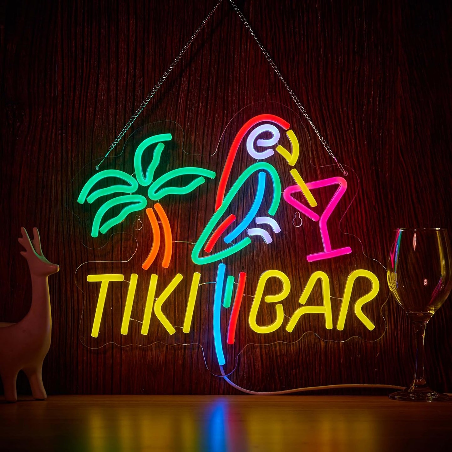 Tiki Bar Neon Sign for Wall Décor Dimmable LED Parrot Palm Tree Cocktails Signs for Beer Bar Art Man Cave Light Decor