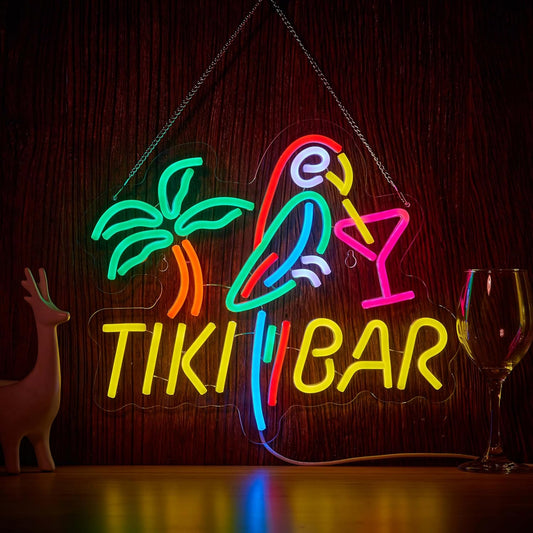 Tiki Bar Neon Sign for Wall Décor Dimmable LED Parrot Palm Tree Cocktails Signs for Beer Bar Art Man Cave Light Decor