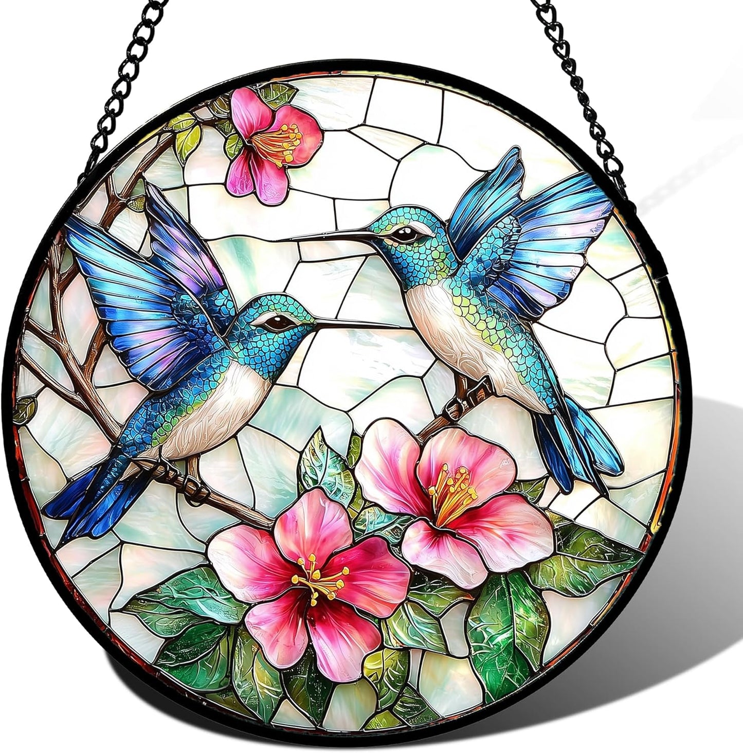 Stained Glass Window Hanging - Blue White Hummingbirds Pink Flowers Suncatcher for Door Terrace Garden Home Decor Bird Sun Catcher Birthday Gifts for Lovers Women Men Dad Mom Nana 15 in
