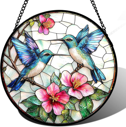 Stained Glass Window Hanging - Blue White Hummingbirds Pink Flowers Suncatcher for Door Terrace Garden Home Decor Bird Sun Catcher Birthday Gifts for Lovers Women Men Dad Mom Nana 7.8 in