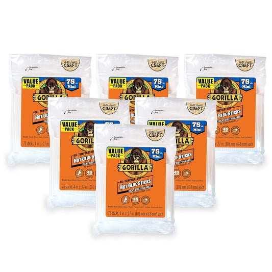 Gorilla Hot Glue Sticks, Clear Glue, Mini Size 4" Long x 0.27" Diameter, 75 Count (Pack of 6) - Safe for All Temperatures with Extended Working Time