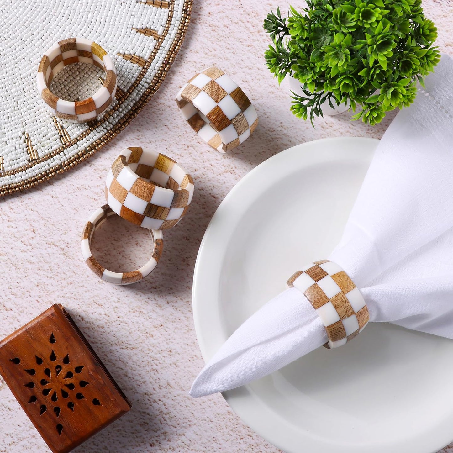 Rustic Napkin Rings Setof 12 - Handmade Epoxy & Wood Napkin Holders for Table Decor, Wedding, Easter, Thanksgiving, Party & Dining – Modern Farmhouse Accessories (Brown Cream) - ALPHA Living HOME