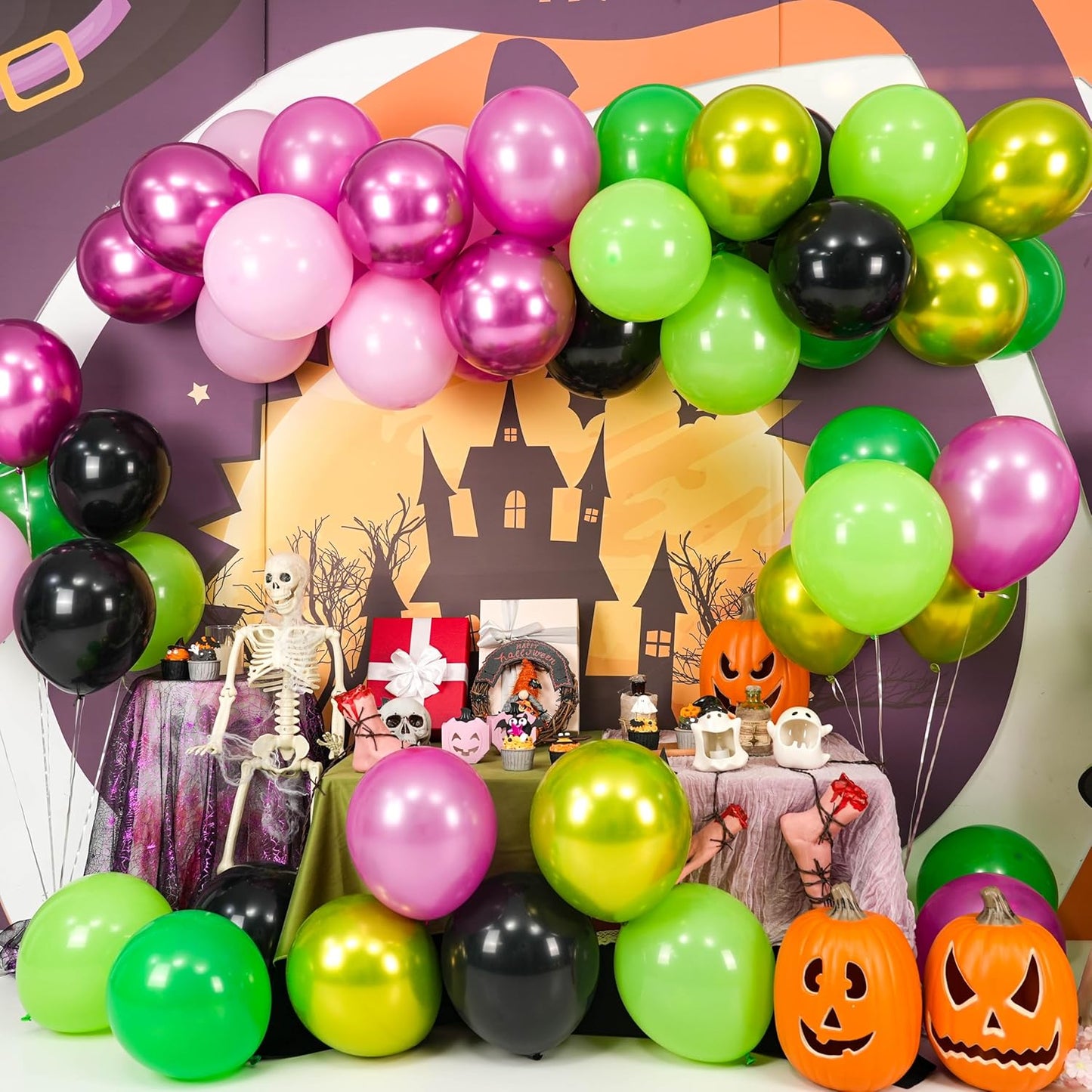 60PCS Black Pink Green Balloons, Hot Pink Dark Light Green Black Latex Balloon, Metallic Red Witch Theme Halloween Balloon for Kids Adults Birthday Witch Wedding Halloween Party Decorations