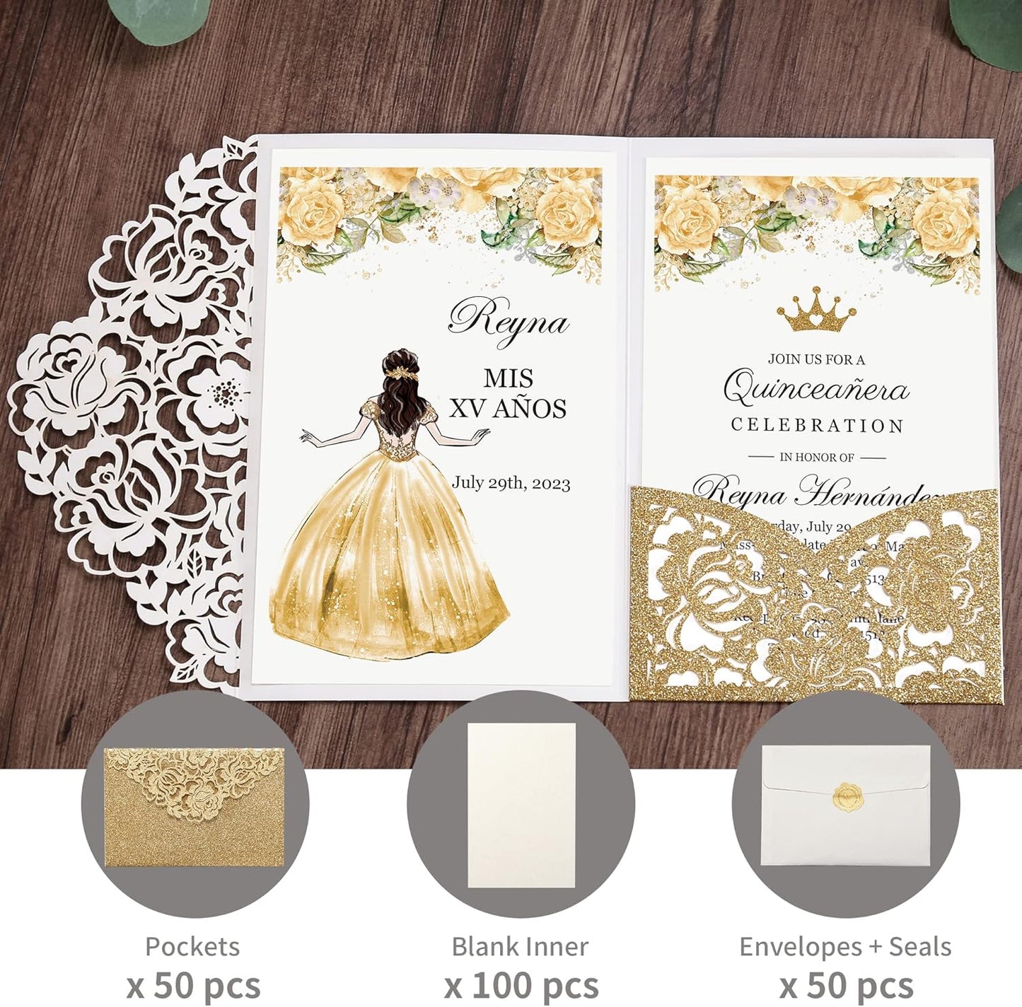 DORIS HOME 50pcs Laser Cut Quinceanera Invitations Gold Glitter, 4.7x7.1 Blank Quince Invitations for 15th Birthday, Invitation cards for Sweet 16 with Envelopes