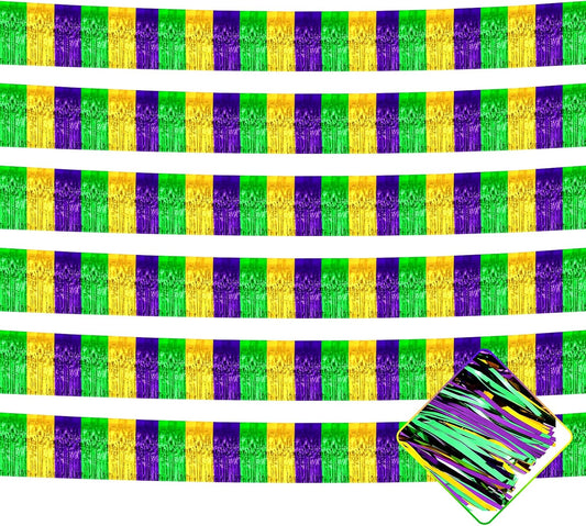 10 Pack 10 Feet Mardi Gras Foil Fringe Garland Metallic Tinsel Streamers Banner Wall Hanging Backdrop for Parade Floats, Bachelorette, Wedding, Birthday, Carnival Party Decorations(Gold Green Purple)