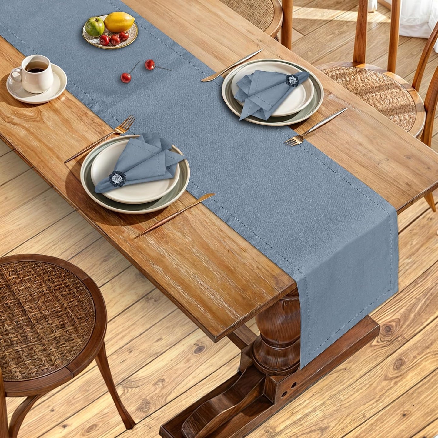 Ruvanti Linen Table Runner 90 Inches, Classic Hemstitch, Washable, Reusable, Non-Slipping, Stain Resistant- Perfect for Parties, Weddings, Dinners, Thanksgiving, Christmas, Indoor use – Grey