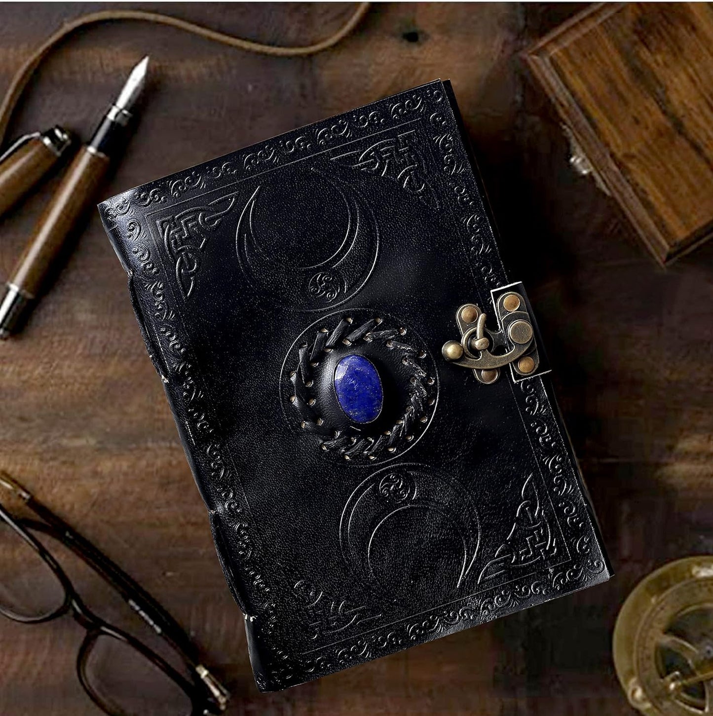 3 Moon Blue Lapiz Embossed Vintage Leather Journal | 240 Pages of Antique Handmade Deckle Edge Vintage Paper, Leather Sketchbook, Drawing Journal, Great Gift (5 by 7 inch, black)