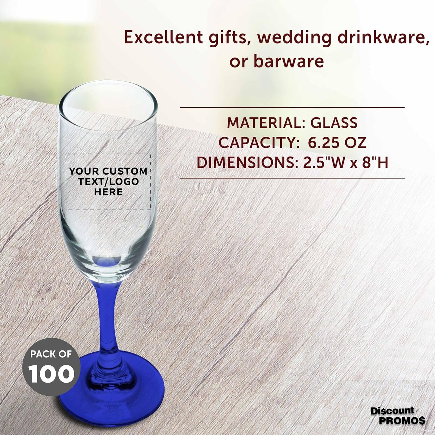 DISCOUNT PROMOS Custom Premiere Champagne Flutes 6.25 oz. Set of 100, Personalized Bulk Pack - Elegant Drinkware for Weddings, Events, & Promotional Gifts - Blue