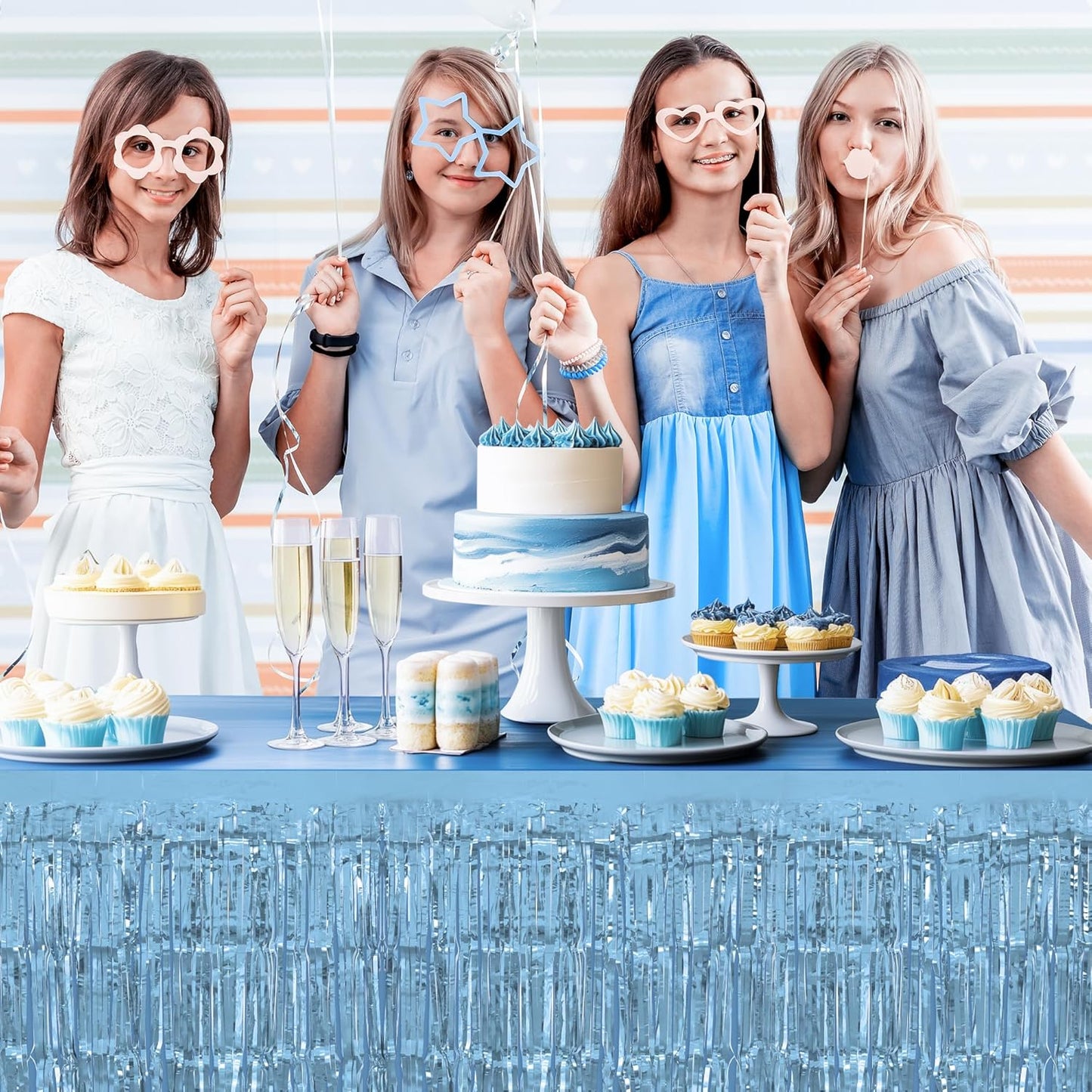 2 Pack Light Pink Light Blue Table Skirts, 29x108" Metallic Foil Tinsel Fringe Table Skirt for Rectangle Tables Streamer Curtains Backdrop, Party Decorations for Birthdays, Weddings, Holidays