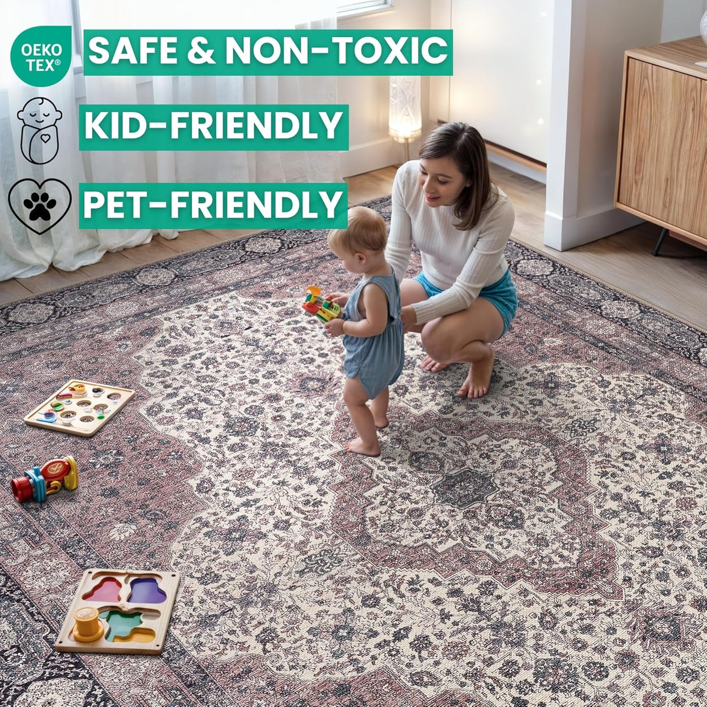 Bloom Rugs Washable Non-Slip 4' x 6' Rug - Cream/Green Traditional Medallion Area Rug for Living Room, Bedroom, Dining Room, and Kitchen - Exact Size: 4' x 6'