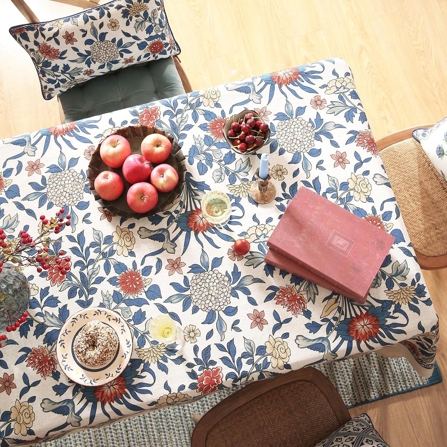 patdrea Designer Blue Tablecloth for Rectangle Table,Vintage Linen with Leaves and Floral Pattern Long Table Cloth,Farmhouse Decor Cover for Kitchen Dining Christmas,Thanksgiving,63"x94"-Ivar a