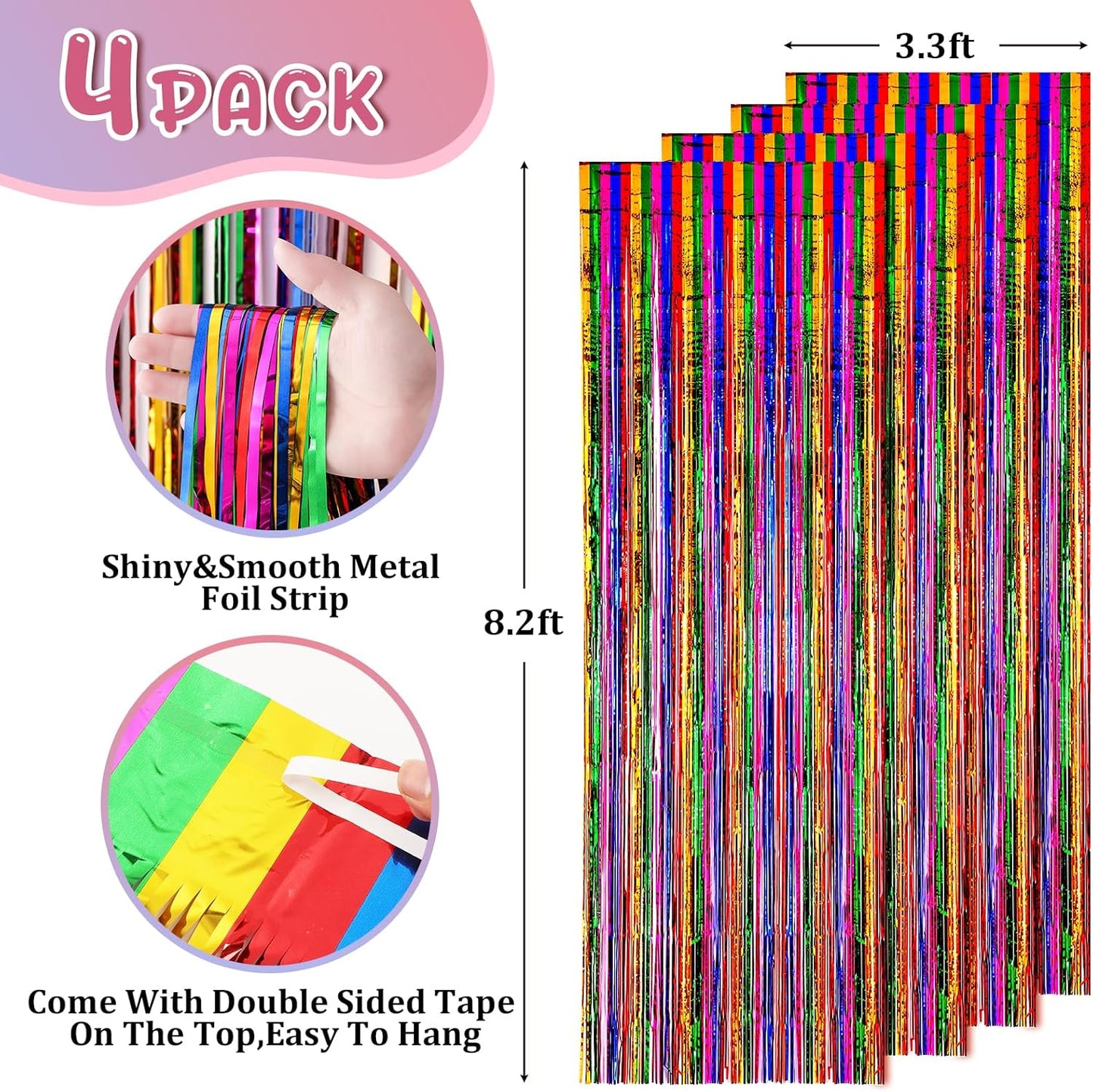 4 Pack 3.3x8.2 Feet Rainbow Foil Fringe Backdrop Curtains, Tinsel Streamers Birthday Party Decorations, Fringe Backdrop for Graduation, Baby Shower, Gender Reveal, Disco Party