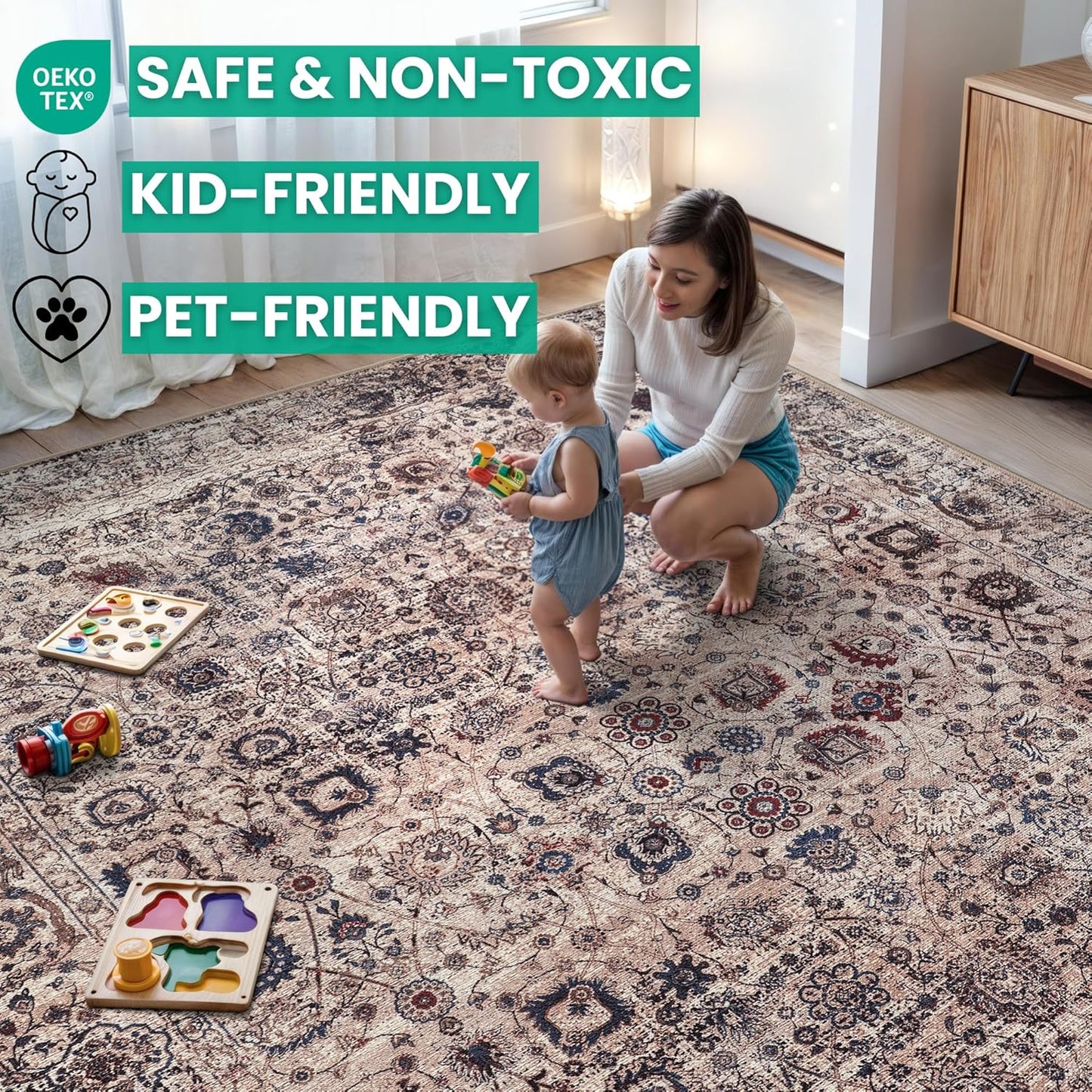 Bloom Rugs Washable Non-Slip 7 ft Runner - Light Tan/Blue Traditional Oriental Runner for Entryway, Hallway, Bathroom, and Kitchen - Exact Size: 2.5' x 7'