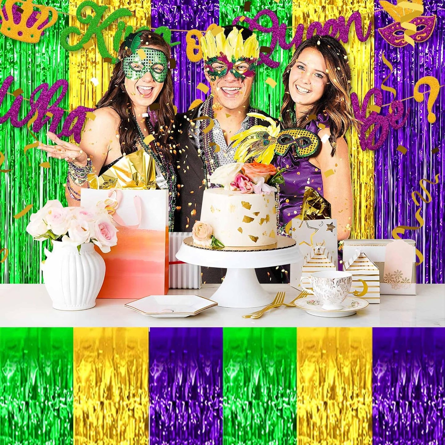 3 Pack 29 x108 Inch Gold Green Purple Foil Fringe Table Skirts Metallic Banner for Tinsel Streamer Garland Backdrop for Parade Floats Mother's Day, Graduate, Birthday, Wedding Party Decoration