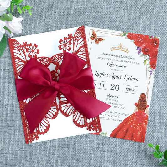 20 PCS 5.12x7.2 Butterfly Quinceanera Invitation, Laser Cut Wedding Invitation Cards with Envelopes for XV Anos Bridal Shower Baby Shower Invite (Red Glitter)