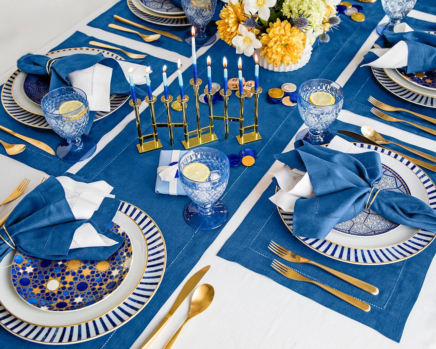 Solino Home Linen Indigo Blue Hemstitch Table Runner 60 Inches - 100% Pure Linen Small Table Runner 14 x 60 Inch Ideal for Dresser and Coffee Tables - Classic Hemstitch - Fall, Autumn, Halloween