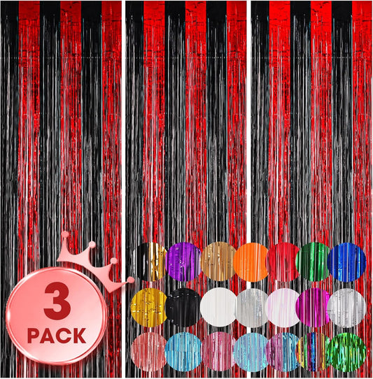 3 Pack 3.3x8.2 Feet Red and Black Foil Fringe Backdrop Curtains, Tinsel Streamers Birthday Party Decorations, Fringe Backdrop for Graduation, Casino, Red Carpet, Halloween Party
