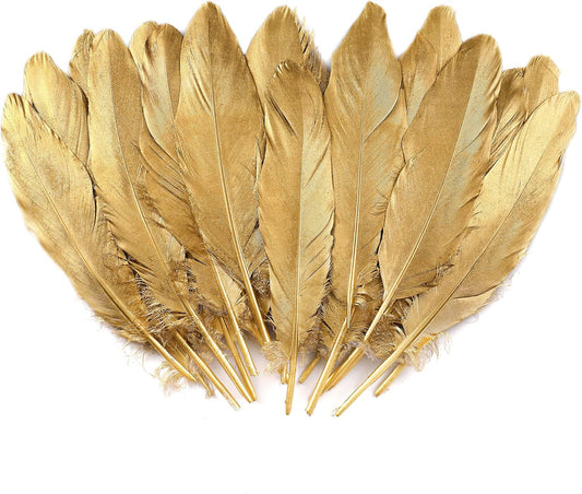 Larryhot Gold Goose Feathers for Crafts - 6-8 inch 60 pcs Natural Feathers for Wedding Party Decorations,DIY Crafts and Clothing Accessories (Gold)