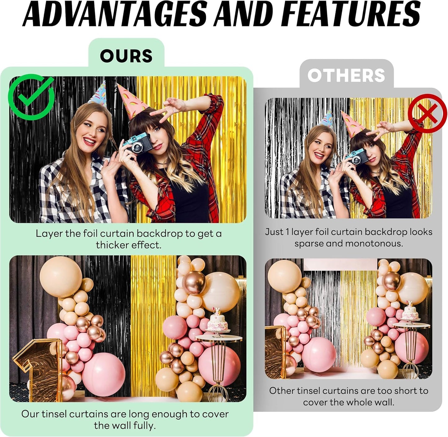 BTSD-home 4 Pack Black Gold Metallic Foil Fringe Curtain Tinsel Streamer Party Decorations Photo Booth Backdrop for Bachelorette Birthday Halloween