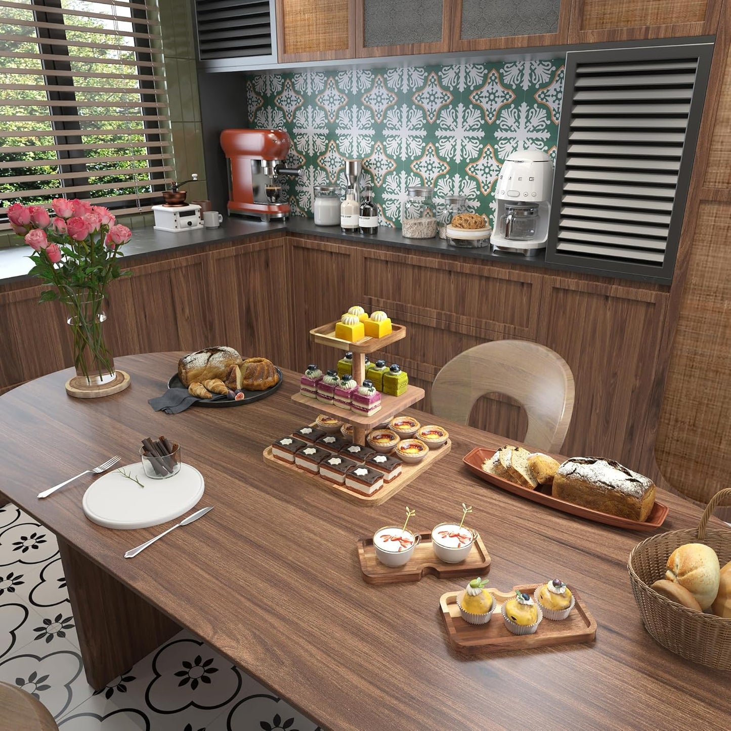 Acacia Wood 3 Tier Cupcake Stand with 2 Removable Snack Tray, Rustic Square Cup Cake Tower Stand for 25 Cupcakes, Display Cakestand for Wedding, Birthday, Serving Tea Party, Natural