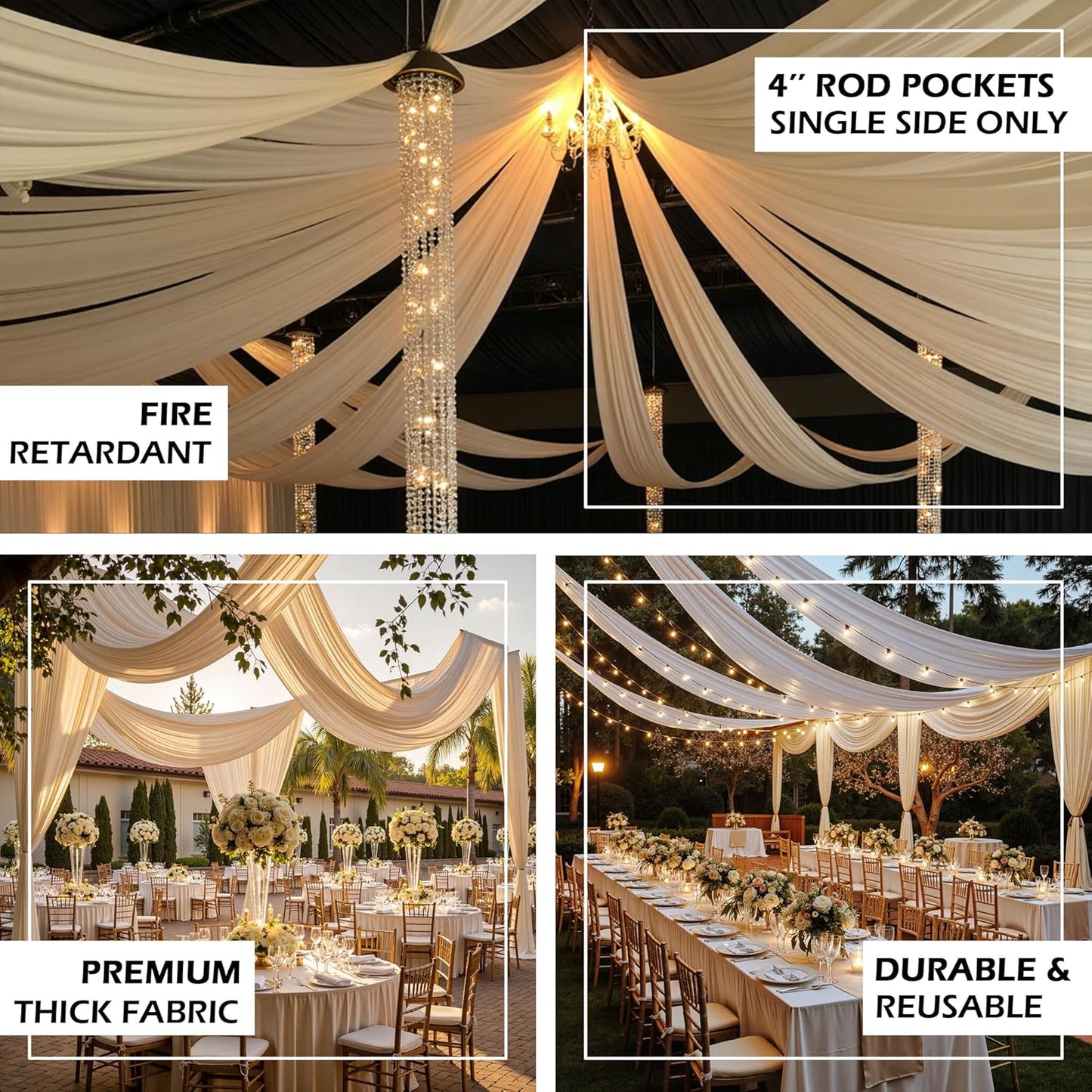 PartyVillage 2 Panels 5ftx30ft Ivory Ceiling Drapes for Wedding Parties – 30 FT Extra Long Thick Polyester Wrinkle-Free Drapery Tent Decor Decorations for Birthday Party Ceremony Stage Swag