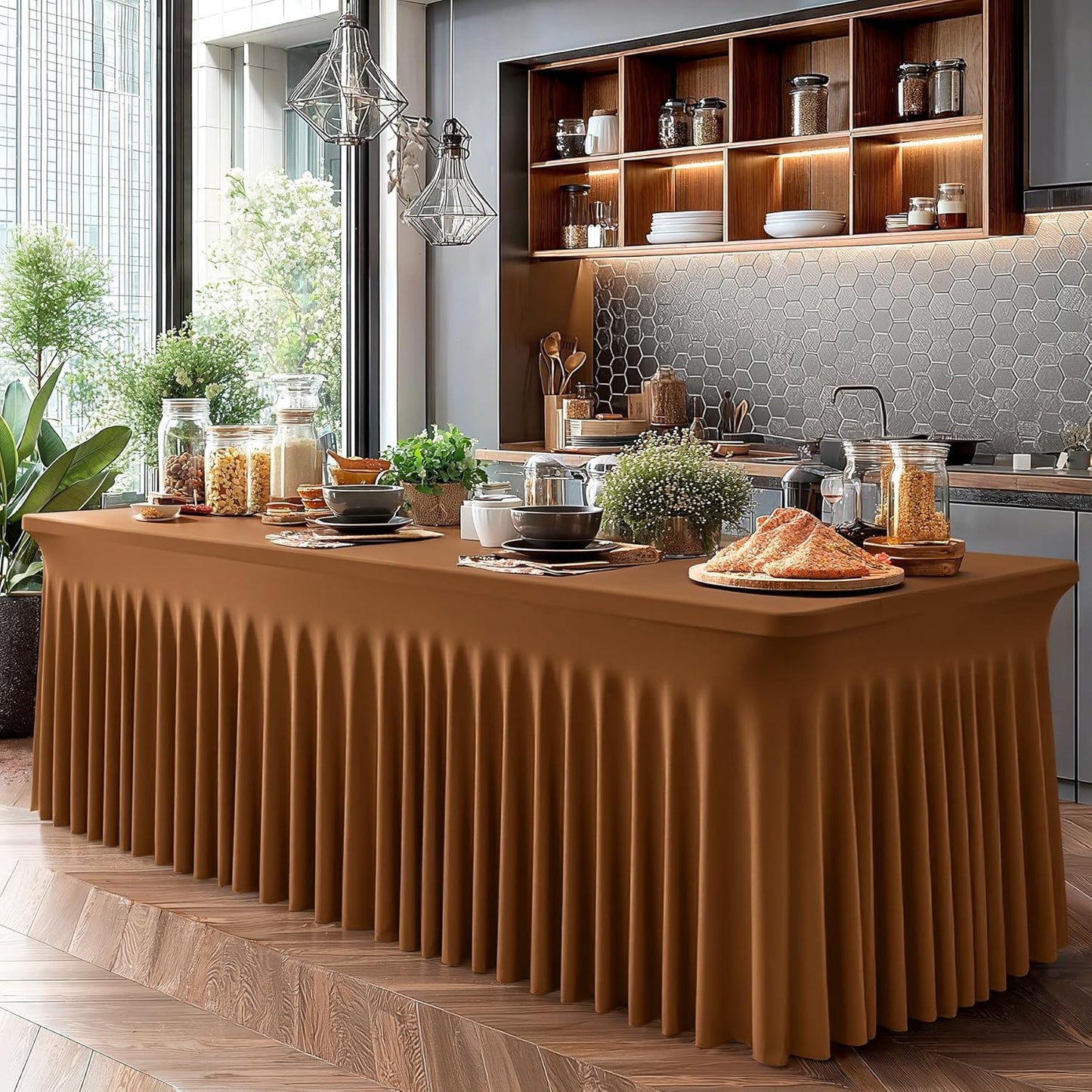 Wish Care 2 Pack Brown Spandex Table Clothes for 6 Foot Rectangle Tables, 6FT Wrinkle Free Fitted Tablecloths Ruffles Design Table Cover for Party, Banquet, Wedding and Events