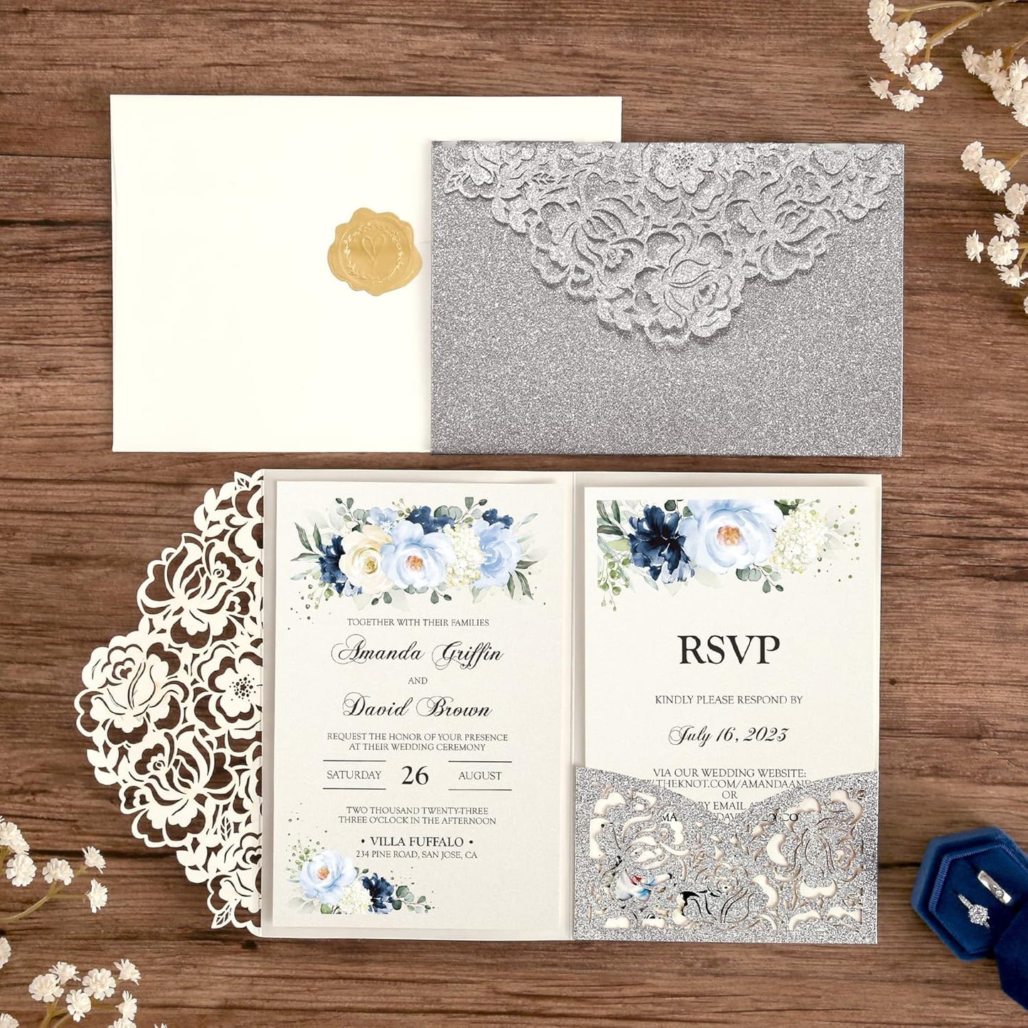 DORIS HOME 50pcs Laser Cut Wedding Invitations with Envelopes and RSVP Cards Silver Glitter, 4.7x7.1 Personalized Invitation Cards for Wedding, Anniversary Invitations with Envelopes