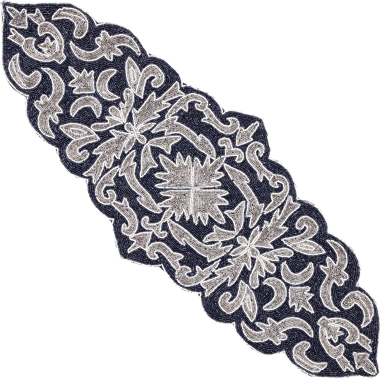 Decorative Beaded Table Runner - 36" Glass Beads & Polyester Table Runner Ideal for Dining, Décor, Luxury Table Centerpiece for Weddings, Holidays & Modern Home Accents (Blue Silver) - CLEENTABLE