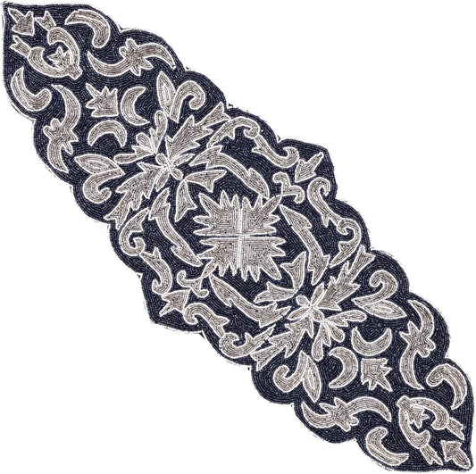 Decorative Beaded Table Runner - 36" Glass Beads & Polyester Table Runner Ideal for Dining, Décor, Luxury Table Centerpiece for Weddings, Holidays & Modern Home Accents (Blue Silver) - CLEENTABLE