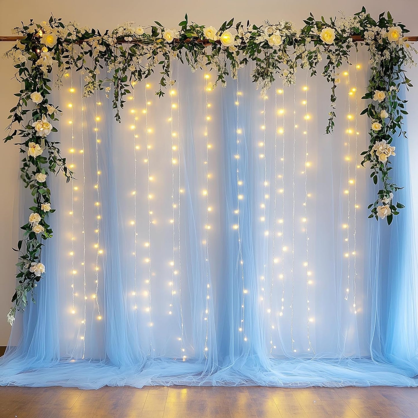 Fomcet Tulle Backdrop Curtains with Lights String Baby Blue 10FT X 10FT Sheer Curtains with Lights Tulle Curtain Backdrop for Wedding Birthday Party Photo Shoot (2 Panels 5x10FT)