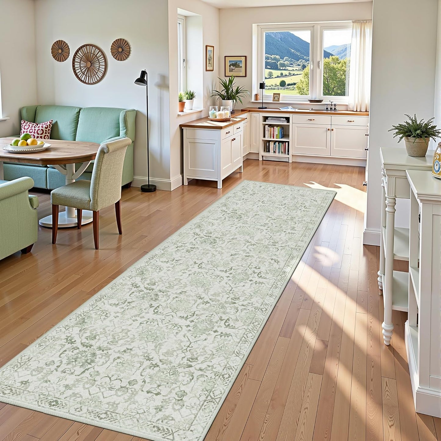 Sage 3x12 Runner Rug for Hallways Bed Side Kitchen, Boho Washable Distressed Low-Pile Floor Entryway Long Bathroom Mat, Non-Slip Laundry Room Washstand Front Carpet 36x144 Inch