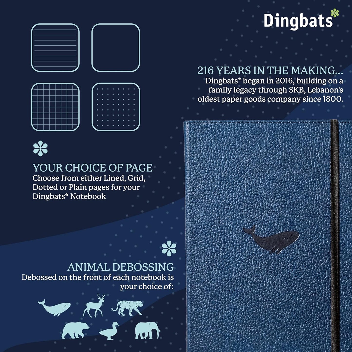 Dingbats* Wildlife Plain Writing Journal Notebook A5 - Vegan Leather Hardcover - Ideal for Work, Travel - Pocket, Elastic Closure, & Bookmark