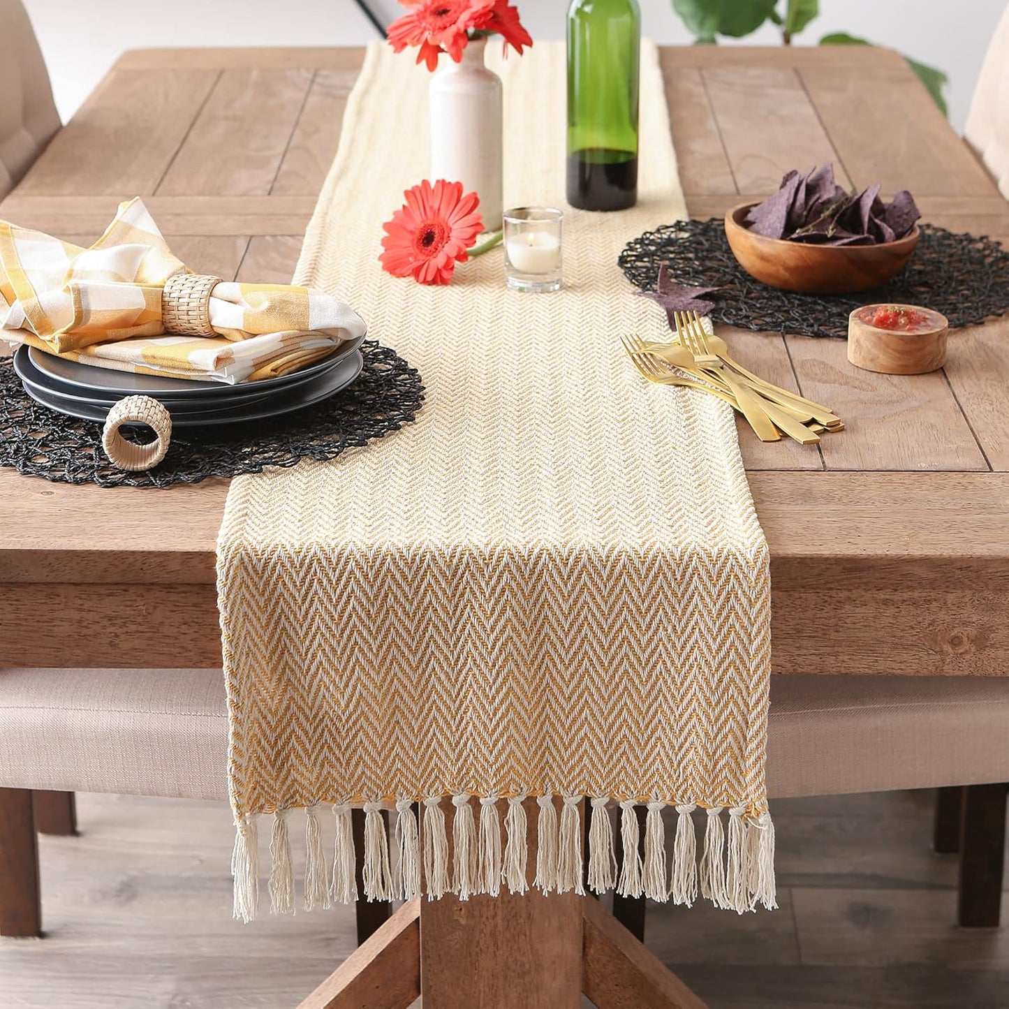 DII Woven Basic Tabletop Collection, Chevron Table Runner, 15x72, Honey Gold