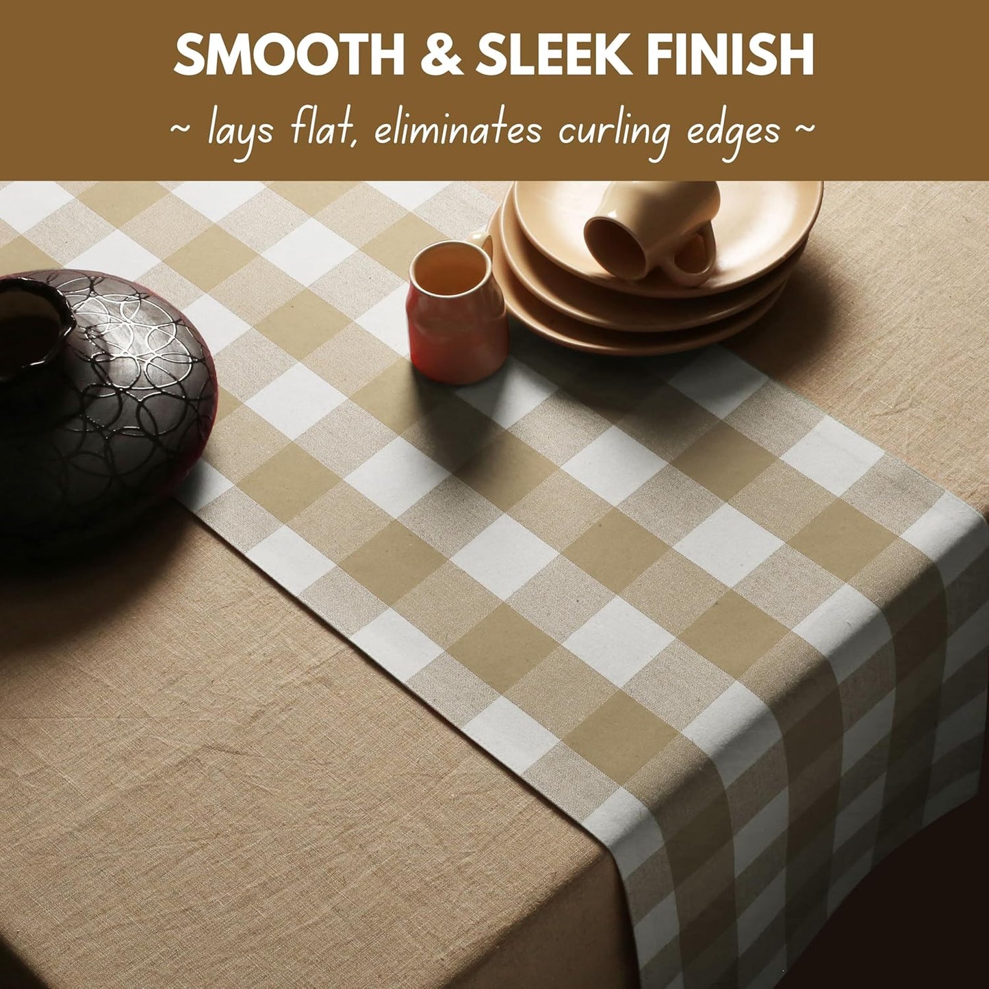 Native Fab Table Runner Buffalo Check Plaid 100% Cotton - 13x90 Inches Kitchen Dining Table Decoration for Indoor Outdoor Farmhouse Home Party Decor - Beige and White