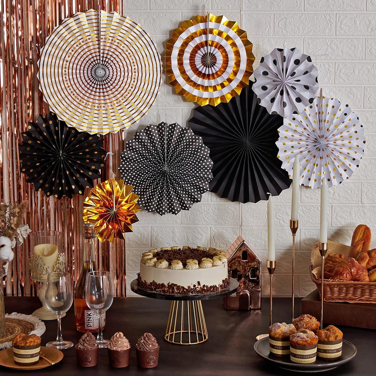 SUNBEAUTY Gold Black Paper Fans Backdrop for Tea Party Weddding Spring Birthday Classroom Baby Shower Halloween Decoration Hanging Home Party - 8Pcs