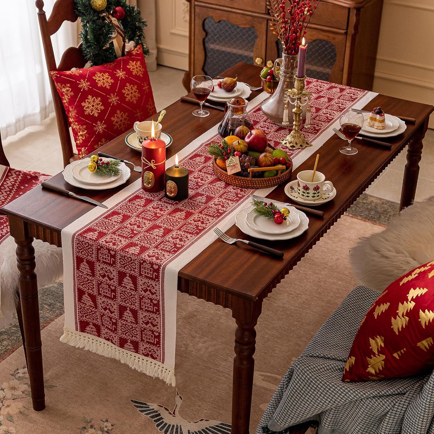 Table Runners 138 Inches,Christmas Tree Table Runner with Tassel Fringe,Gift Table Runner for Party，Coffee Table, Festival