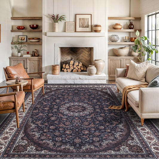Bloom Rugs Washable Non-Slip 9' x 12' Rug - Navy Traditional Medallion Area Rug for Living Room, Bedroom, Dining Room, and Kitchen - Exact Size: 9' x 12'