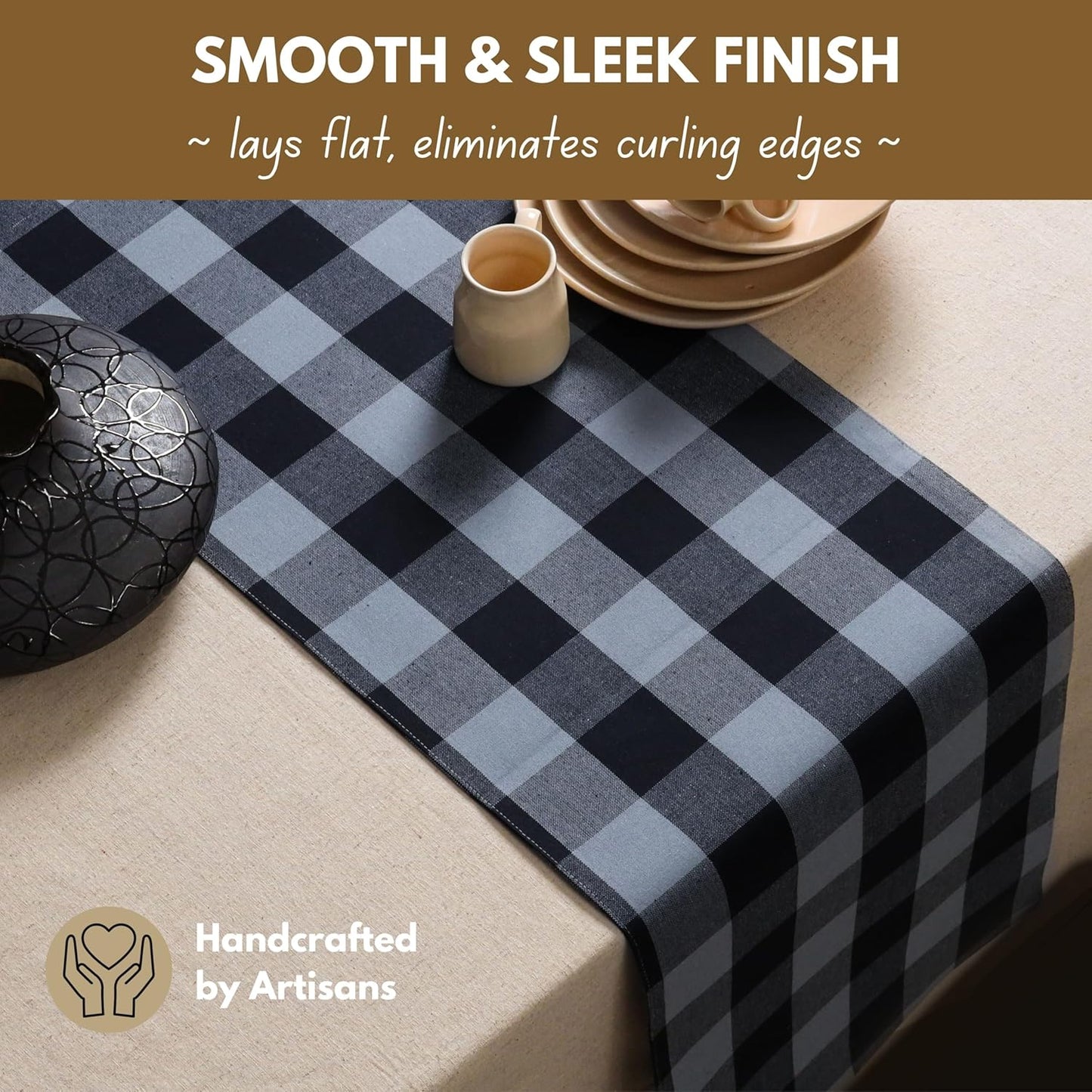 Native Fab Table Runner Buffalo Check Plaid 100% Cotton - 13x108 Inches Kitchen Dining Table Decoration for Indoor Outdoor Farmhouse Home Party Decor - Black, Grey