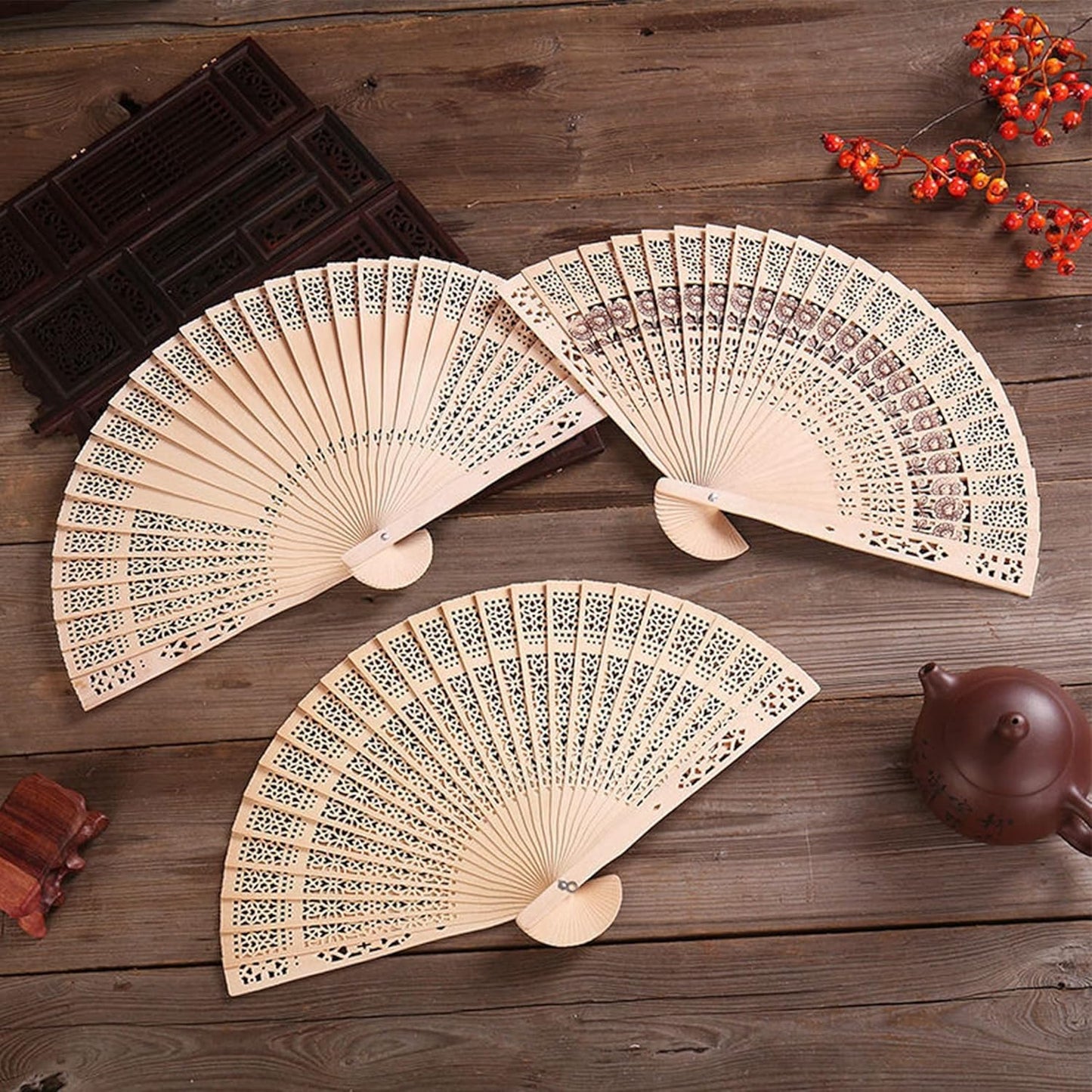 Sandalwood Fan 50 Pcs Hand Fans with 50 Organza Bags Abanicos De Mano Fans for Weddings Hand Fan Foldable Abanicos De Mano Ara Fiesta Wedding Fans for Guests