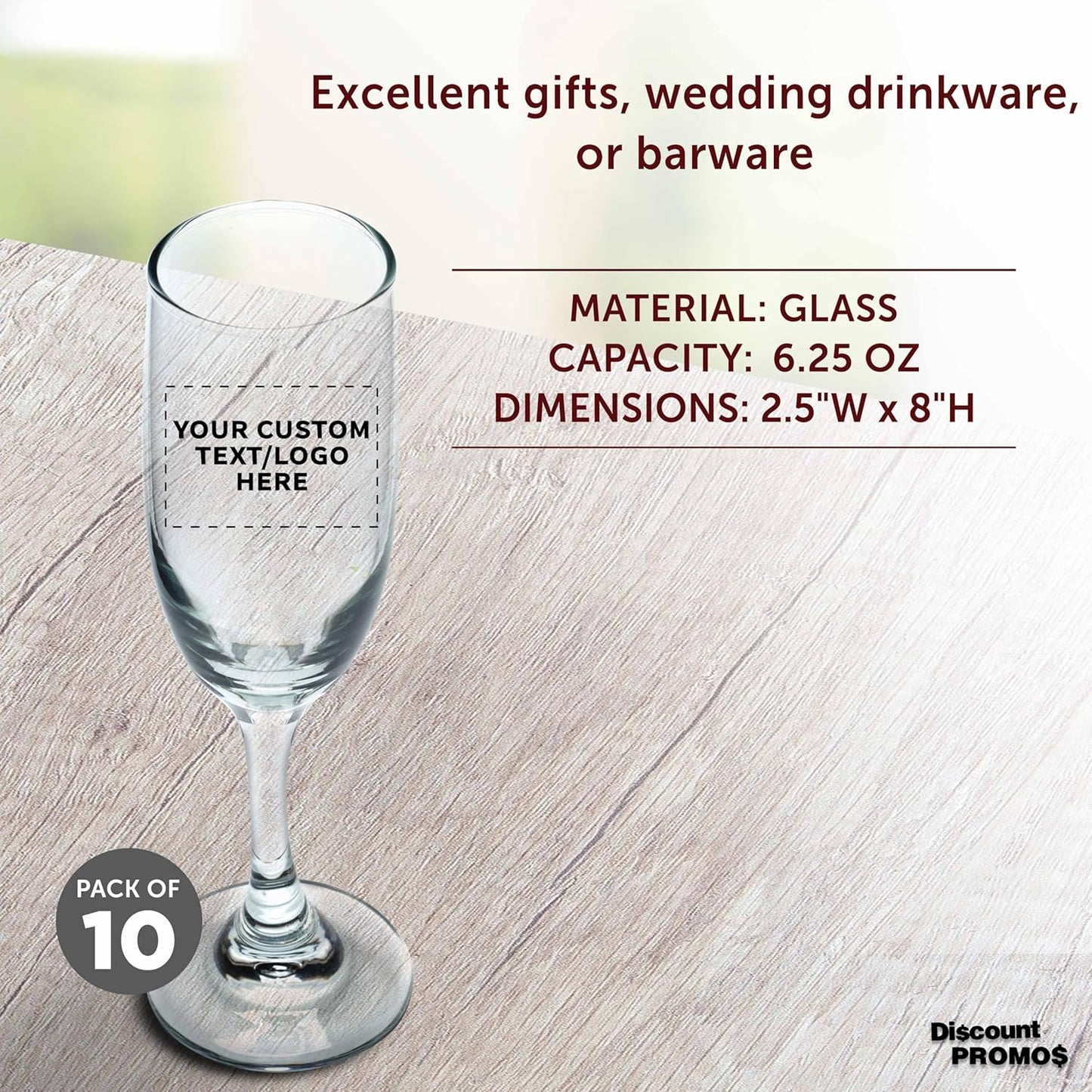 DISCOUNT PROMOS Custom Premiere Champagne Flutes 6.25 oz. Set of 10, Personalized Bulk Pack - Elegant Drinkware for Weddings, Events, & Promotional Gifts - Clear